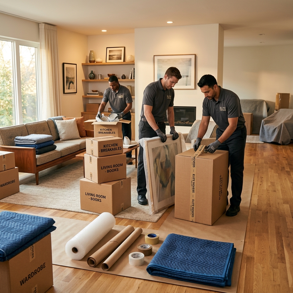 Professional packers and movers packing household furniture, cartons and home goods